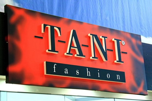 Composite panel sign with embedded channel letters for Tani Fashion