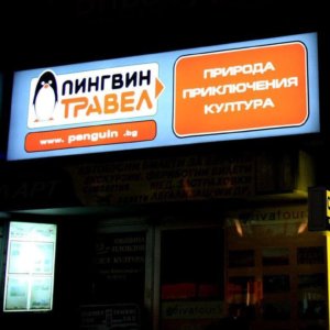 Светеща табела с винил Пингвин Травел в Пловдив Светеща табела с винил Пингвин Травел в Пловдив