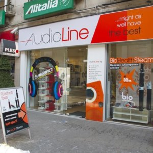 Illuminated fabric sign for Audio Line store