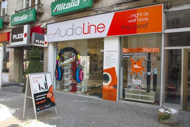 Illuminated fabric sign for Audio Line store