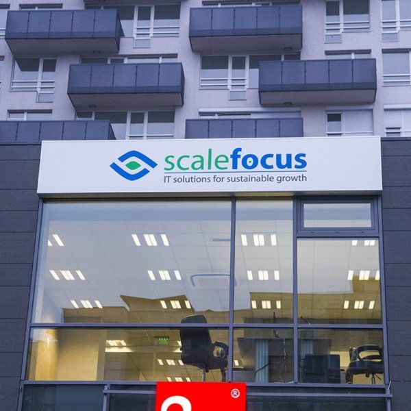 Illuminated sign with vinyl and aluminum sign systems for ScaleFocus Plovdiv Illuminated sign with vinyl and aluminum sign systems for ScaleFocus Plovdiv
