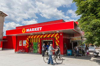 Illuminated sign with vinyl banner for T-market Panagyurishte