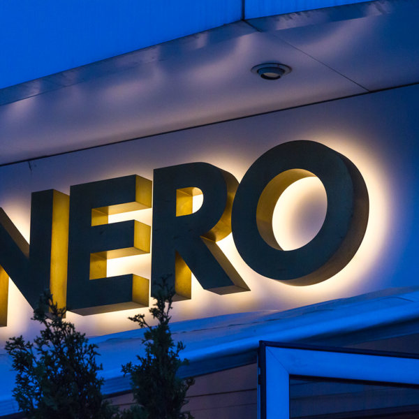 Brass channel letters with halo illumination for NERO, Sofia Brass channel letters with halo illumination for NERO, Sofia