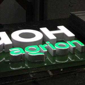 Illuminated channel letters embossed in a composite panel sign
