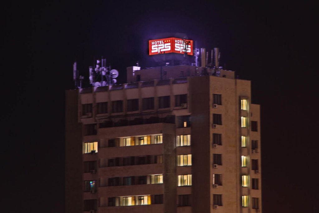 Illuminated cube on the roof of Hotel SPS