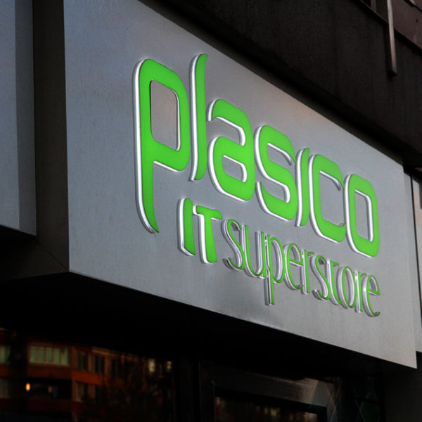 Composite panel sign with embossed channel letters for Plasico IT superstore