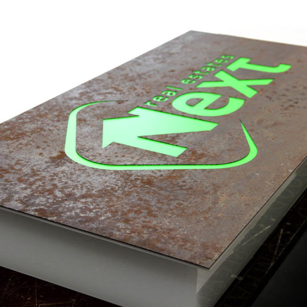 Illuminated metal sign – NEXT – Brokerage & Consulting Services company, green plexiglass and embedded letters Illuminated metal sign - NEXT - Brokerage company