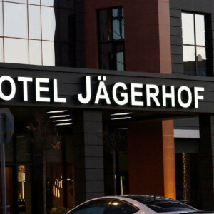 Illuminated channel letters for Hotel Jagerhof – night view Illuminated channel letters for Hotel Jagerhof - night view