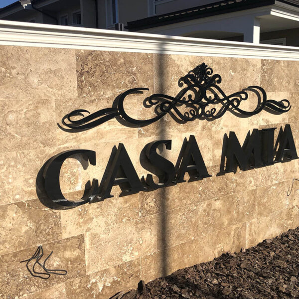 Black acrylic channel letters with spacers – Casa Mia, Plovdiv Acrylic channel letters with spacers - Casa Mia, detail