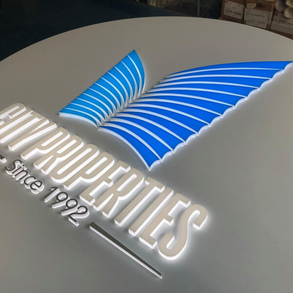Elegant round illuminated sign for City Properties Elegant round illuminated sign for City Properties office in Plovdiv