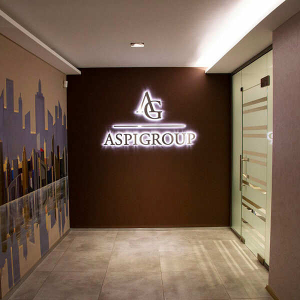 Обемни букви от инокс със задно осветяване за Aspi Group