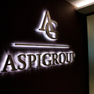 Обемни букви от неръждаема стомана със задно осветяване за Aspi Group, Пловдив