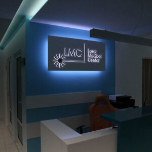 Illuminated sign with embedded letters with ambient lightning for LMC, Plovdiv Illuminated sign with embedded letters with ambient lightning for LMC