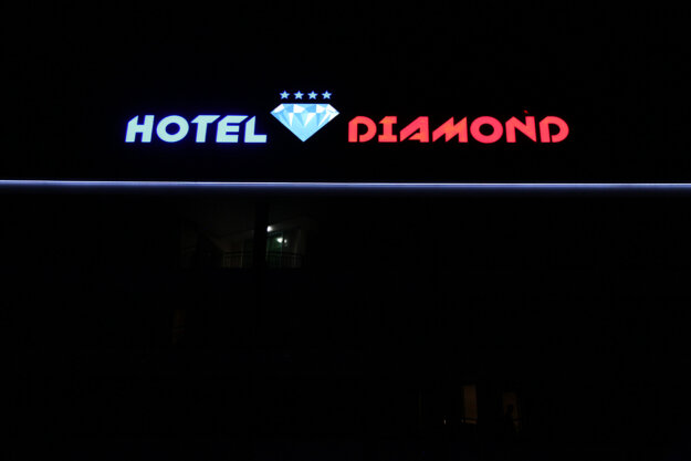 Night view of the illuminated channel letters for Hotel Diamond, Sunny Beach