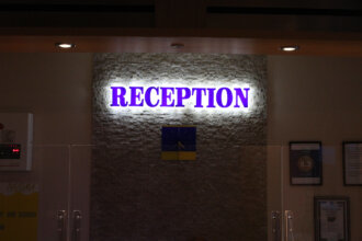 Illuminated halo channel letters for reception, Hotel Paloma