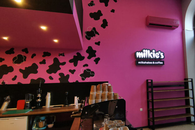 Illuminated acrylic channel letters for Milkies, Shumen