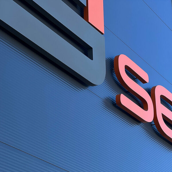 Illuminated channel letters from painted stainless steel – Secdoor, Plovdiv Illuminated channel letters from painted stainless steel - Secdoor