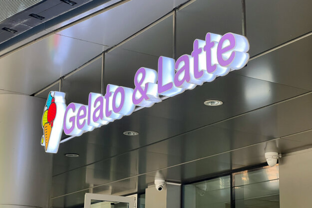 Illuminated acrylic channel letters and logo for Gelato & Latte