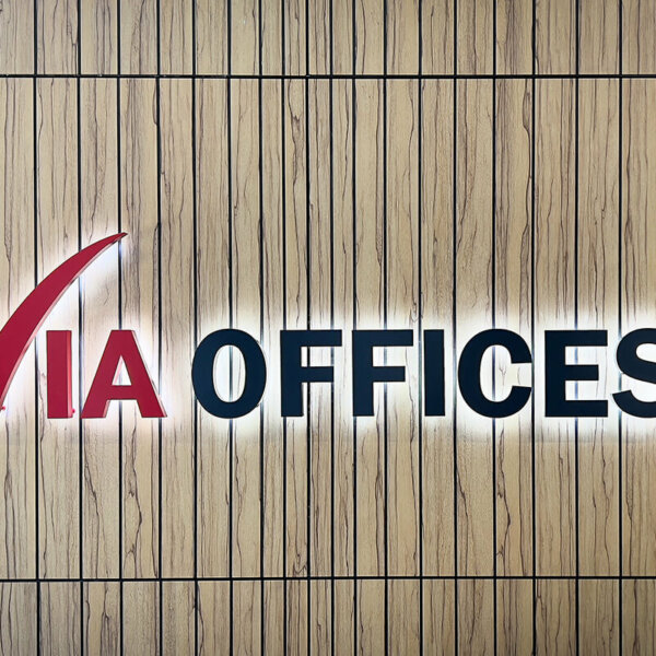 Illuminated interior channel letters made of painted stainless steel – VIA Offices Illuminated interior channel letters made of painted stainless steel - VIA Offices