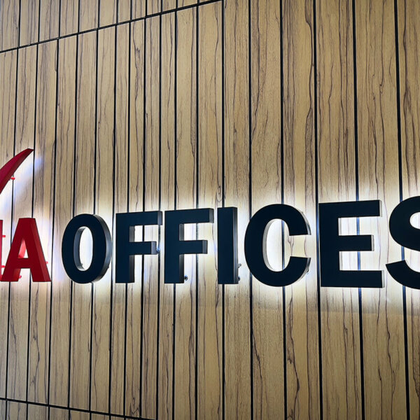 Illuminated interior channel letters made of painted stainless steel – VIA Offices, Plovdiv Illuminated interior channel letters made of painted stainless steel - VIA Offices