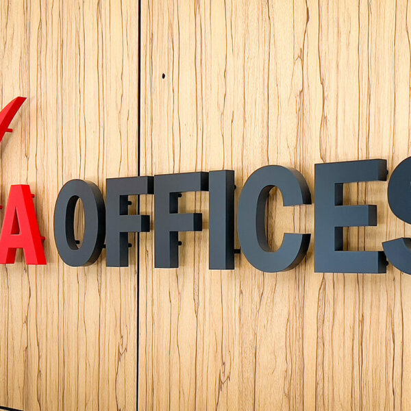 Illuminated interior channel letters made of painted stainless steel – VIA Offices, Plovdiv Interior channel letters made of painted stainless steel - VIA Offices