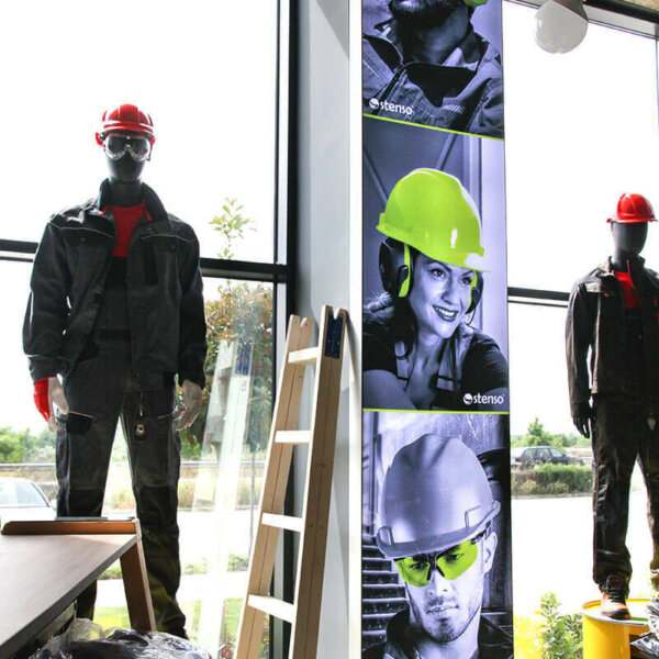 Fabric face lightbox for safety equipment and work clothing store Fabric face lightbox for safety equipment and work clothing store
