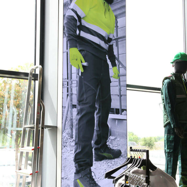 LED illuminated textile sign for work clothing store LED illuminated textile sign for work clothing store