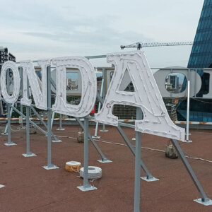 Roof installation of illuminated channel letters for Honda in Sofia Roof installation of illuminated channel letters for Honda in Sofia