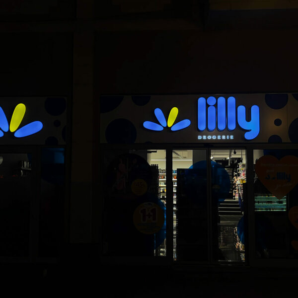 Lilly Drogerie illuminated channel letters, the store on the Main Street in Plovdiv