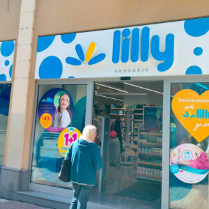 Composite panel sign with illuminated channel letters for Lilly Drogerie, Main Street of Plovdiv Composite panel sign with illuminated channel letters for Lilly Drogerie, Main Street of Plovdiv
