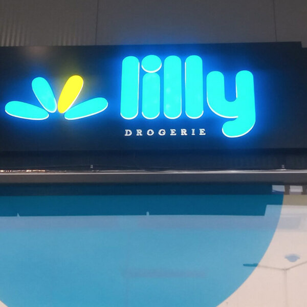 Etalbond sign with embossed letters for Lilly Drogerie in Dobrich Etalbond sign with embossed letters for Lilly Drogerie in Dobrich