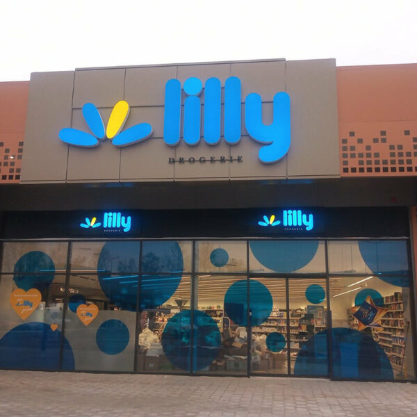 Illuminated channel letters and two signs for Lilly Drogerie store branding Illuminated channel letters and two signs for Lilly Drogerie store branding
