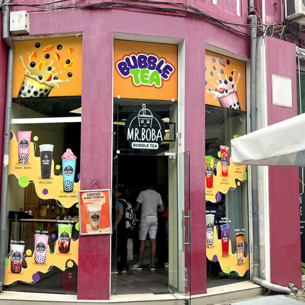Branding Mr Boba drinks shop with Illuminated ads and window graphics Branding Mr Boba drinks shop with Illuminated ads and window graphics