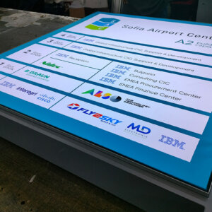 Sign with a textile face for a business center