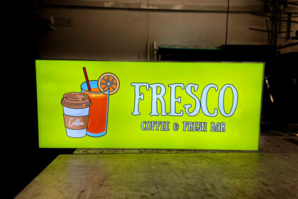 Illuminated sign with plexiglass face for Fresco Coffee & Fresh Bar