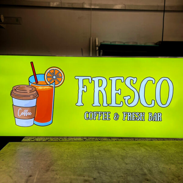 Illuminated sign with plexiglass face for Fresco Coffee & Fresh Bar Illuminated sign with plexiglass face for Fresco Coffee & Fresh Bar