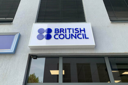 British Council illuminated sign with plexiglass face and aluminum profile