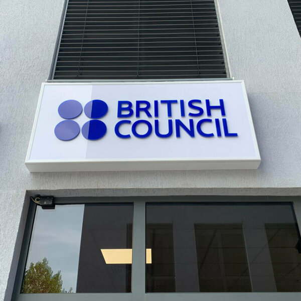 British Council illuminated sign with plexiglass face and aluminum profile British Council illuminated sign with plexiglass face and aluminum profile