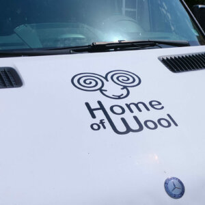 Branding of a Home of Wool car front with logo